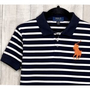 Polo Ralph Lauren Big Pony Striped Shirt Yth XL‎ 18-20 Navy White Orange Pique